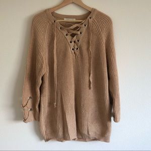 Lace up taupe sweater one size